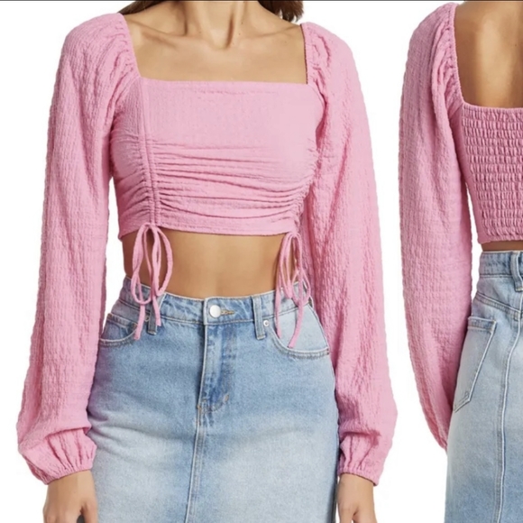 Sophie Rue Tops - Pink long sleeve ruched crop top